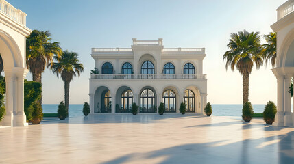 Obraz premium Palm Beach Mediterranean villa with private beach cabana and tropical gardens, luxury Florida coastal estate