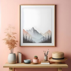 a wooden framed blank canvas poster mockup in pink pastel wall background	