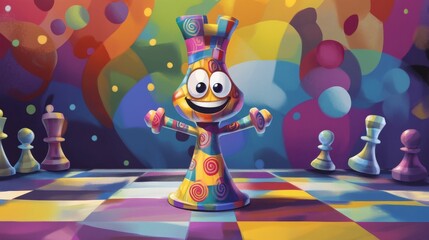 Fototapeta premium A colorful cartoon character is standing on a checkered floor. The character is smiling and he is happy. The scene is set in a room with a variety of colorful objects