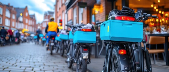 Fototapeta premium A vibrant street scene featuring delivery bicycles lined up, showcasing their blue boxes against a backdrop of urban dining.