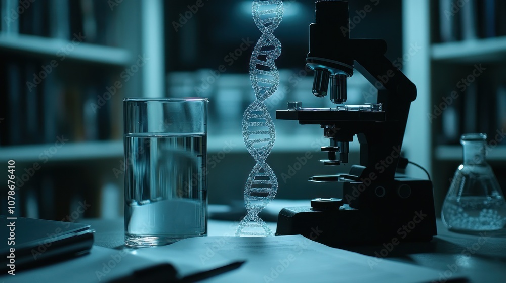 Poster dna helix model stands next to a microscope in a laboratory.