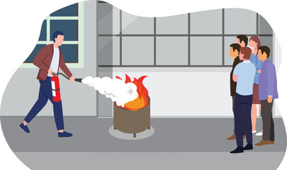 fire safety training at office and fire safety training at work with fire extinguisher for employee using extinguisher outside office fire drill. Using fire extinguishers during an outdoor fire drill.