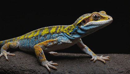 Naklejka premium A bright blue and yellow lizard perches on a branch, its scales shimmering against the black background