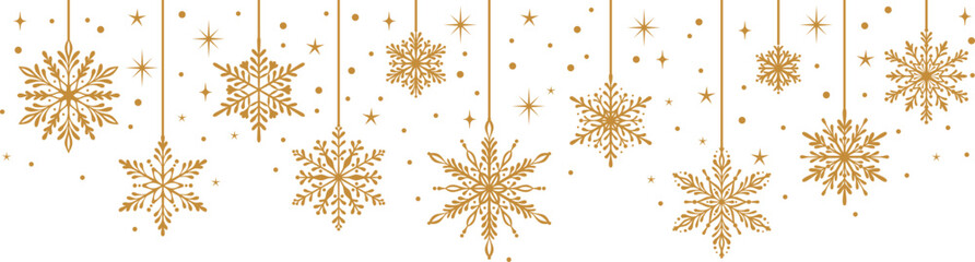 Gold snow banner, vector snowflake decorative header, winter holiday background design