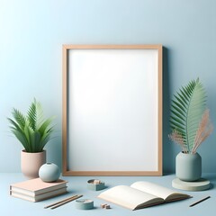  a wooden framed  canvas poster mockup in blue pastel wall background