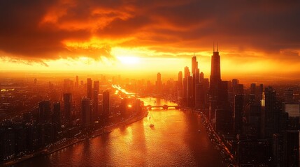 Dramatic sunset over a cityscape with a river.