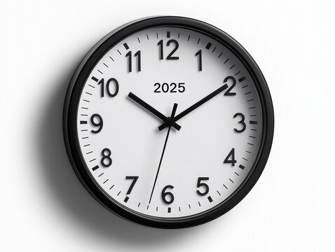 A simple black wall clock displaying the time and the year 2025 prominently on its face.