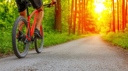 Fototapeta premium A cyclist riding through a sunlit forest path, enjoying an adventurous biking experience surrounded by nature.