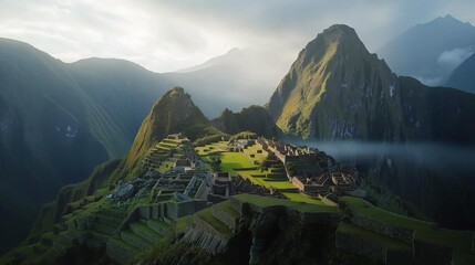 AI generator image of green mountains ,old stone house on top of grassy hills with small rocks and pebbles in front of it. Fog surrounds the area, and a river flows down from behind one mountain into 