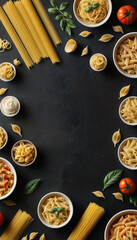 Variety of uncooked pasta forming frame on black background