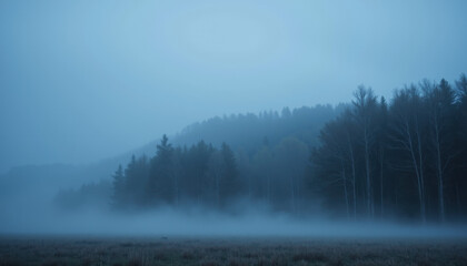 Misty forest landscape with fog rolling over trees