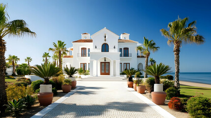 Palm Beach Mediterranean villa with private beach cabana and tropical gardens, luxury Florida coastal estate