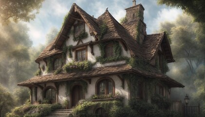 Naklejka premium Fairytale village house. Country cottage. House overgrown with greenery