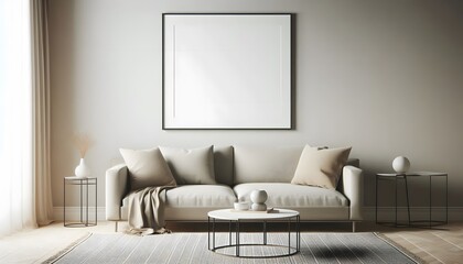 modern living room with a wooden framed blank canvas poster mockup