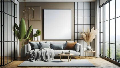 modern living room with a wooden framed blank canvas poster mockup
