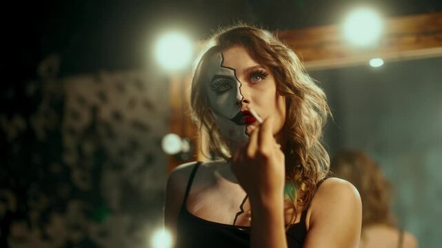 Natural female beauty and makeup, dual personality and internal struggle. Fantasy makeup for Halloween and cosplay performance, smoking lady with cigarette in dressing room, split personality disorder