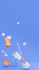 Concept cleaner. Cartoon mop, pail, sponge and dustpan in the blue background, 3d rendering