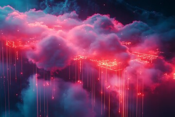 Colorful neon cloud frame on a dark star background, abstract illustration.