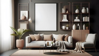modern living room with a wooden framed blank canvas poster mockup
