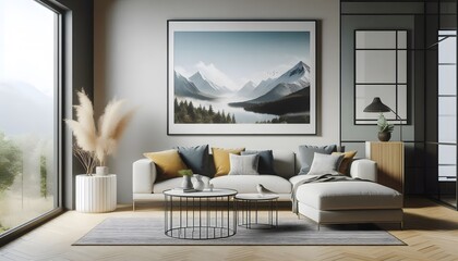 Fototapeta premium modern living room with a wooden framed blank canvas poster mockup