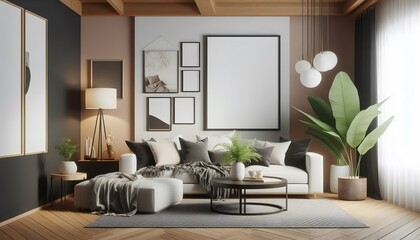 modern living room with a wooden framed blank canvas poster mockup