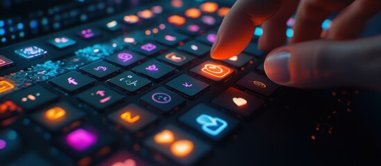 Obraz premium Closeup of a hand pressing a glowing camera icon key on a futuristic keyboard.