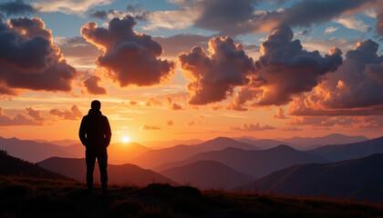 Silhouette of man watching mountain sunset under dramatic clouds