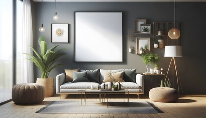modern living room with a wooden framed blank canvas poster mockup