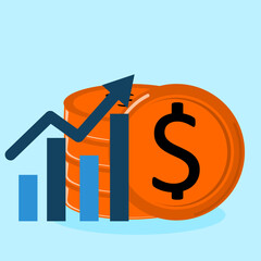 dollar coins with growth bars in success rate. Dollar bill with arrow on graph upwards. Financial growth icon illustration, in flat style vector design.