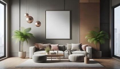 modern living room with a wooden framed blank canvas poster mockup