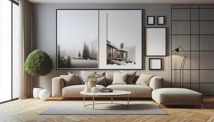 modern living room with a wooden framed blank canvas poster mockup