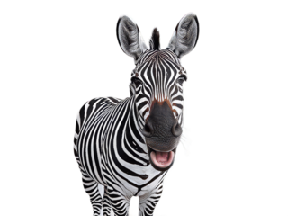 Zebra with Mouth Open Gazing at Camera Against a Clean, White Surface