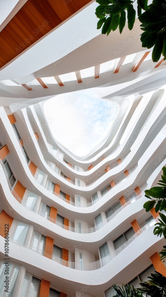 Poster modern architectural design of a unique building featuring curved lines and open skylight in a vibra