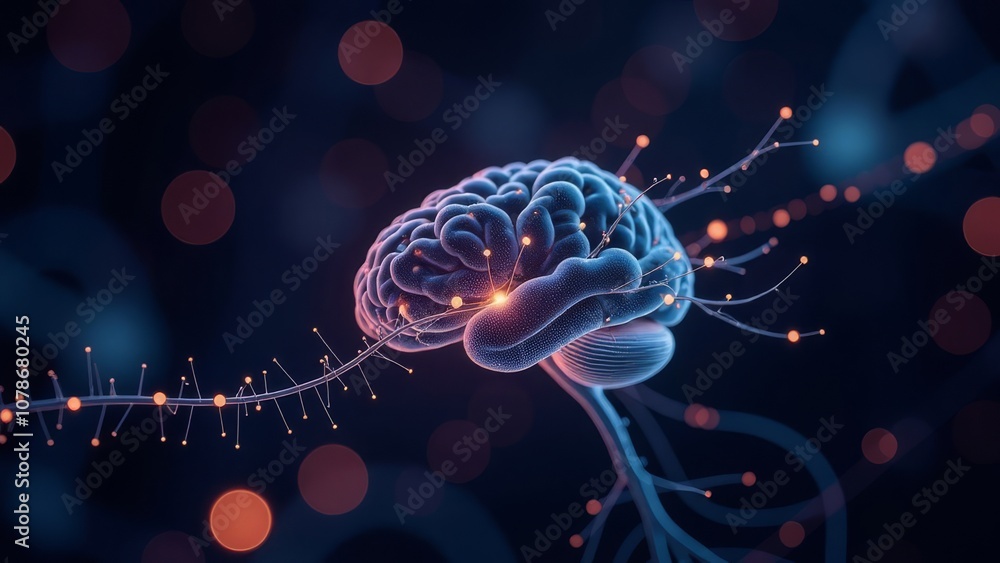 Poster futuristic neural network concept: digital brain with glowing connections in virtual space