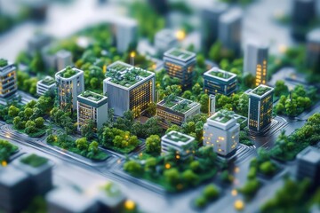 A vibrant, miniature cityscape filled with lush greenery, modern buildings, and intricate details, showcasing urban planning and environmental integration.