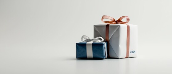 Two elegantly wrapped gift boxes, one larger with a red ribbon and one smaller with a blue ribbon, sit on a simple, light surface, evoking a festive atmosphere.