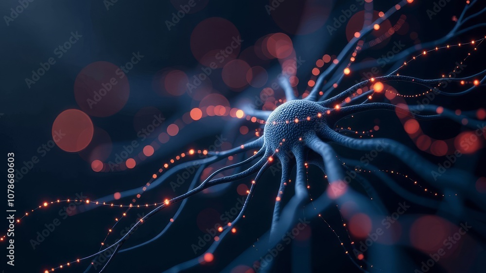 Poster futuristic neural network visualization with glowing connections in dark background
