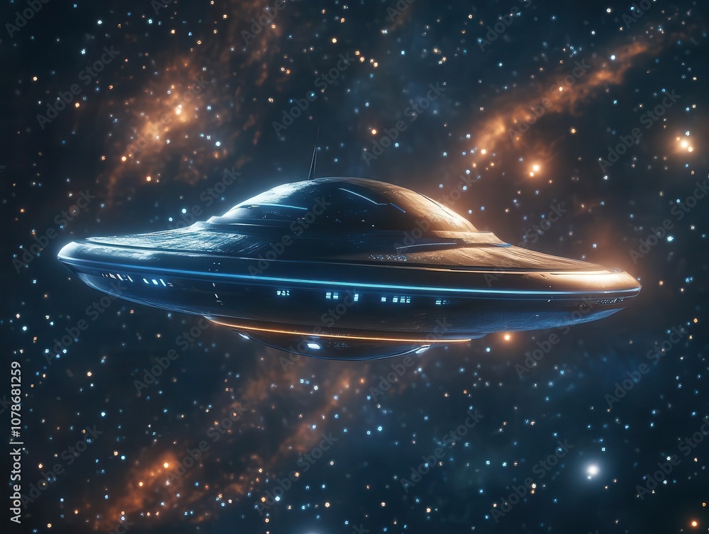 Poster futuristic ufo with sleek metallic surface hovering in space, surrounded by stars and cosmic element