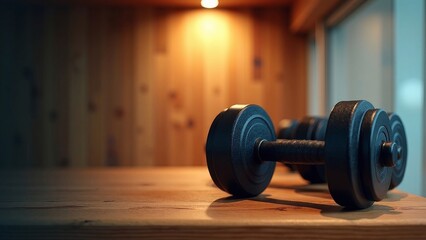 Modern Dumbbells on a Wooden Shelf Under Ambient Lighting