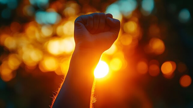 Dramatic silhouette of raised fist against golden sunset backdrop, capturing protest atmosphere with&nbsp;emotional impact and cinematic mood.
