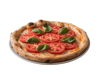 Delicious Thin-Crust Pizza Topped with Fresh Red Tomatoes and Sprinkled Basil on a White Plate