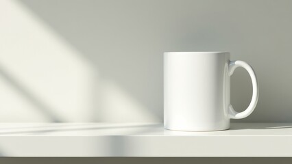 Minimalist Pure White Ceramic Mug on a Glass Shelf