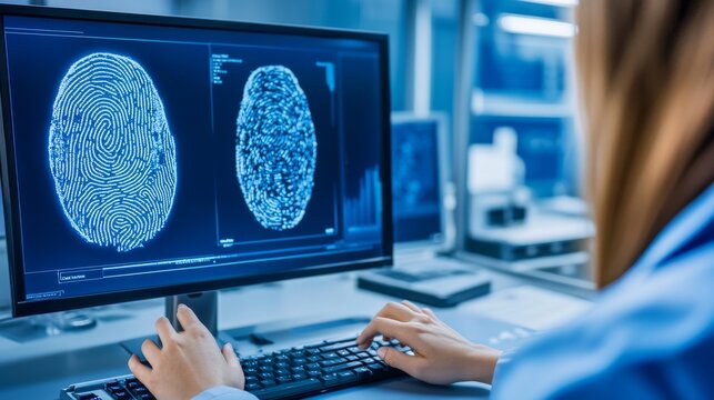 Fingerprint analysis on computer screen in a high-tech forensic lab