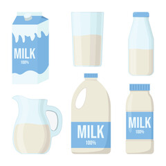 Milk in different containers vector illustrations set Milk bottle and glass. Vector illustration of dairy products in flat style.