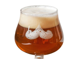 Rich Amber Beer with Creamy Foam Head and Mustache on Glass Rim Against Rustic Wooden Surface