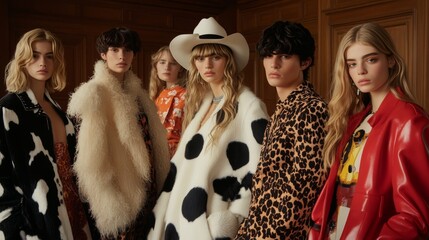 Group of fashion-forward young models wearing animal print coats in luxury interior setting, with cowboy hat
