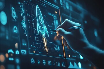Businessman launching a transparent rocket icon, concept of startup business taking off and achieving success, represents the network connection, digital technology and connectivity in business world
