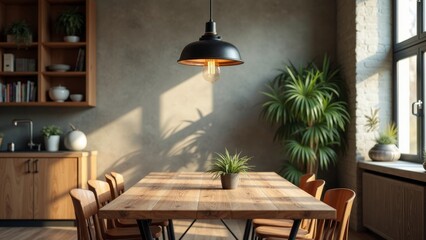 Industrial Dining Room with Unique Lighting and Greenery