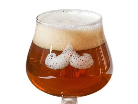Rich Amber Beer with Creamy Foam Head and Mustache on Glass Rim Against Rustic Wooden Surface