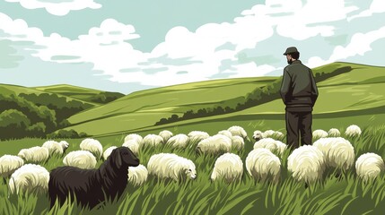 Shepherd tends to sheep in a green pasture under a cloudy sky